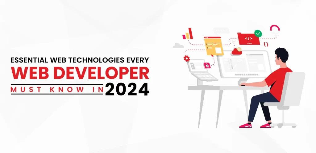 A graphic banner with the title ‘Essential Web Technologies Every Web Developer Must Know in 2024’ in bold, red and black font. The image features a stylized illustration of a person sitting at a desk working on a computer with multiple floating icons representing web technologies such as code brackets, gears, and document symbols. The background is white with a red accent on the top right corner.