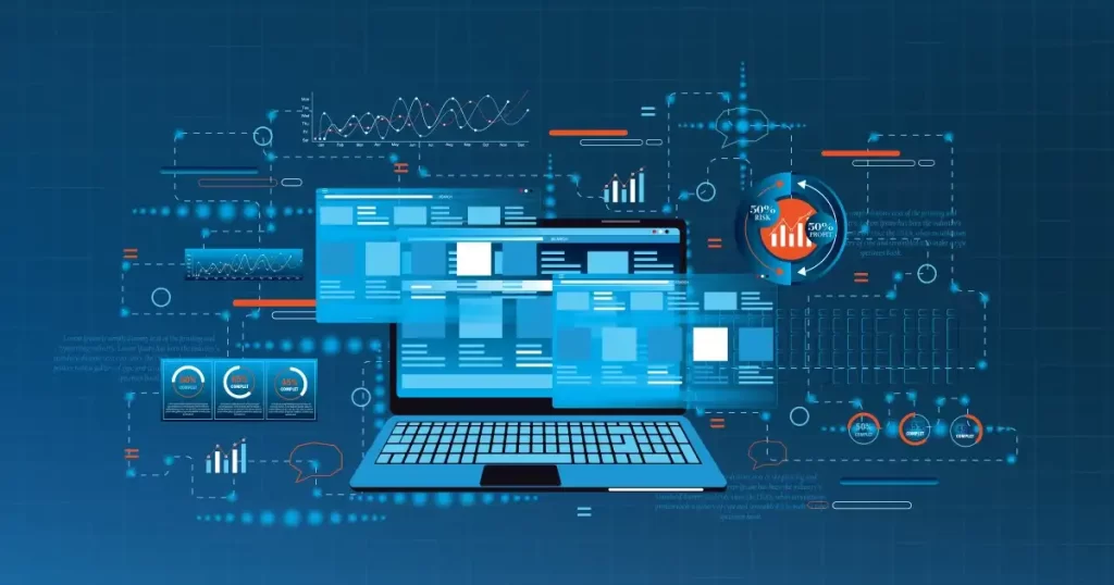A digital illustration of a laptop with various graphical user interface elements floating around it. The screen displays layers of windows and analytics charts, suggesting a complex data processing or software development environment. The background is a dark blue with abstract digital patterns and lines, along with waveforms and circular diagrams, indicating technological processes or data flow.