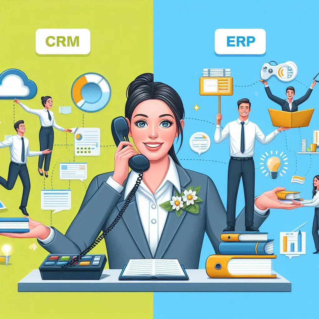 A girl is sitting while talking on telephone in background showing crm vs erp features