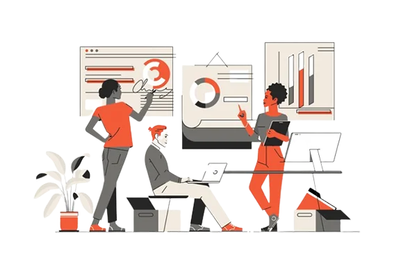 Illustration of web development process featuring a computer screen displaying code, various design elements, and tools symbolizing frontend and backend development, showcasing the creation of websites and web applications.