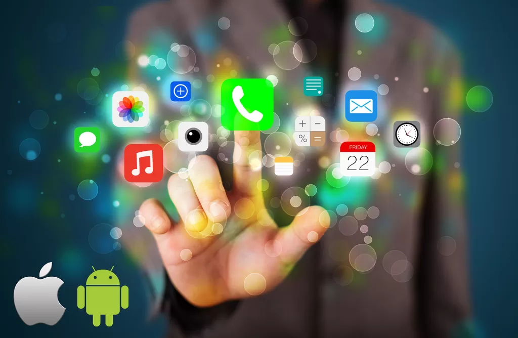 A person interacts with floating mobile app icons, including messaging, photos, music, calendar, email, and calculator, with Apple and Android logos in the bottom left corner.